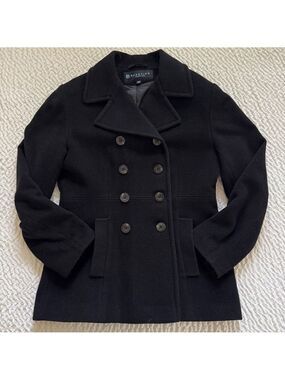 Kenneth Cole Reaction 100% Wool Black Double-Breasted Pea Coat, Size 6P
